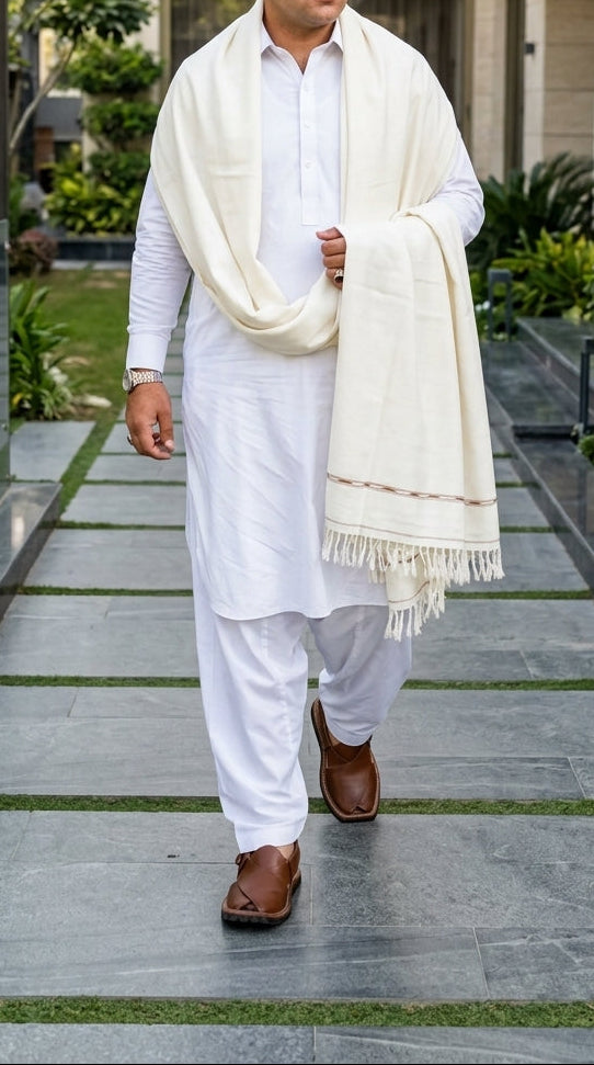 Pure Wool Islampuri White Shawl